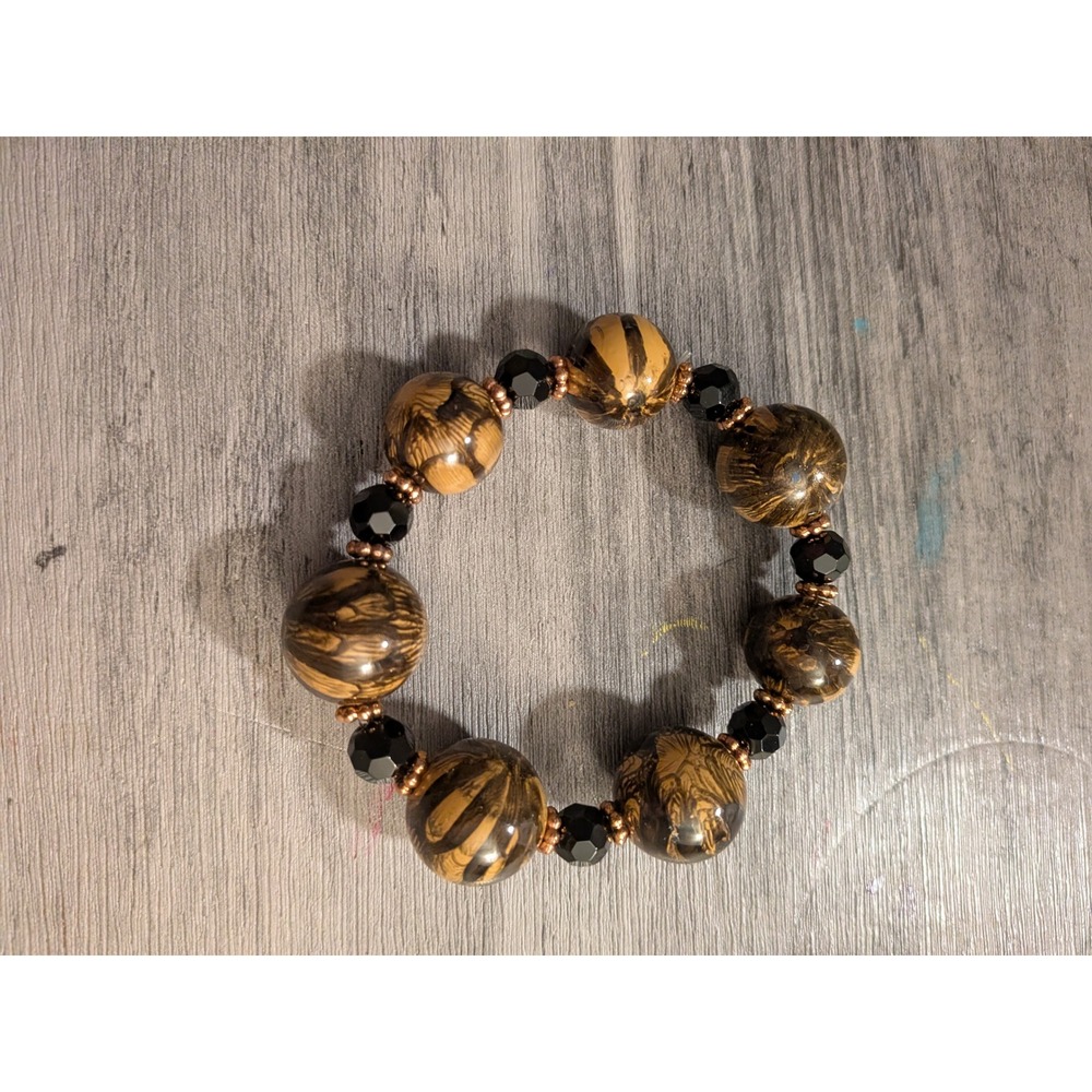 Chunky Marbled Brown and Black Bead Stretch Bracelet Boho Statement Jewelry